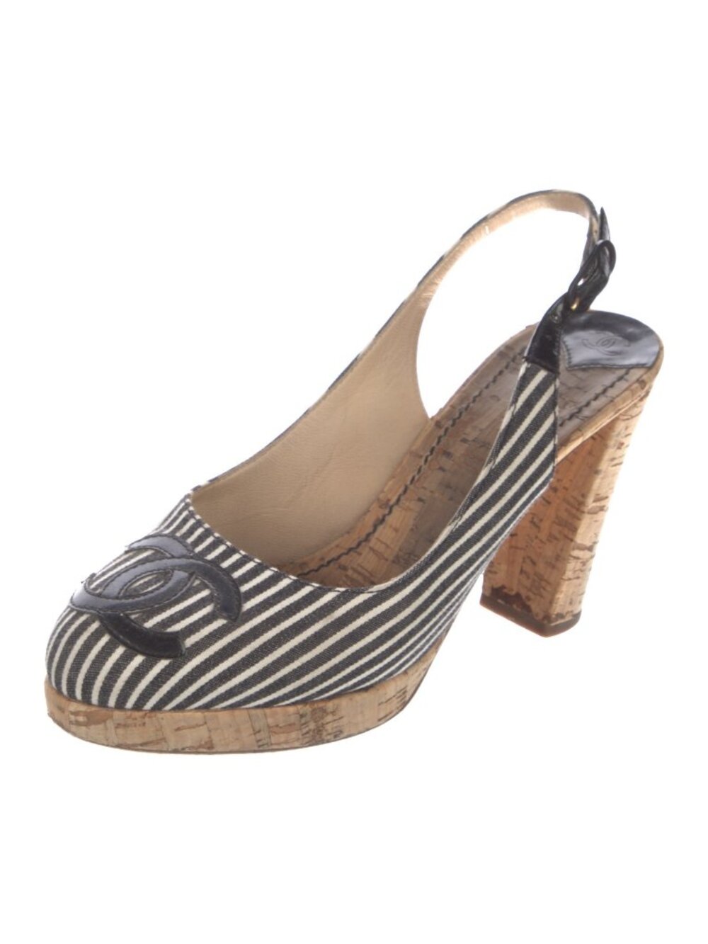 Chanel Interlocking CC Logo Leather Trim Embellishment Slingback Sandals